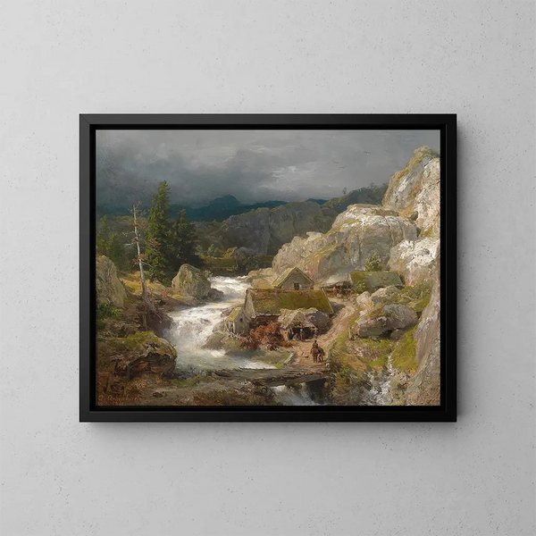 Mühle am Bachufer - Andreas Achenbach — gerahmtes Bild an der Wand