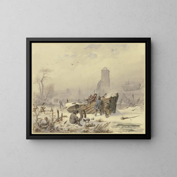Meeresgemälde in der Nähe eines vereisten Schiffes - Andreas Achenbach — gerahmtes Bild an der Wand