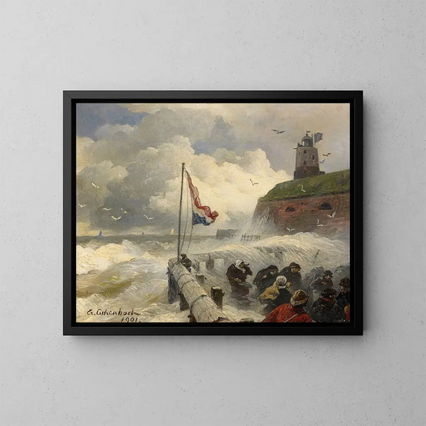 Sturm auf dem Wellenbrecher - Andreas Achenbach — gerahmtes Bild an der Wand