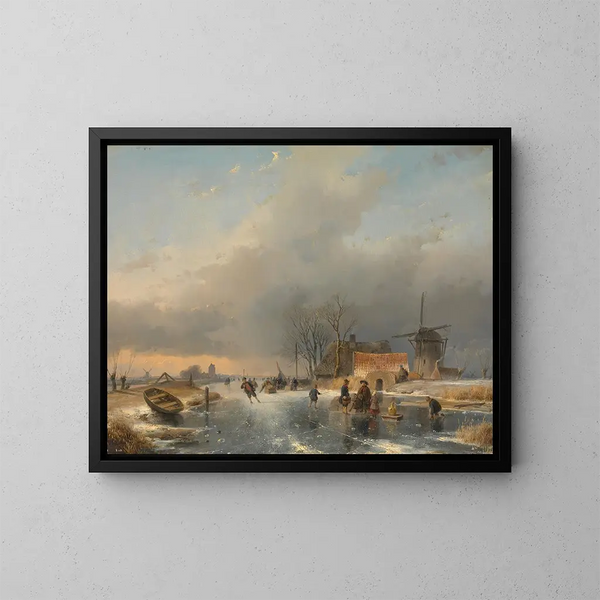 Ein Winterlandschaft mit einer Mühle und Häusern in der Nähe eines zugefrorenen Kanals - Andreas Schelfhout — gerahmtes Bild an der Wand