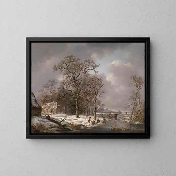 Figuren in einer Winterlandschaft - Andreas Schelfhout — gerahmtes Bild an der Wand
