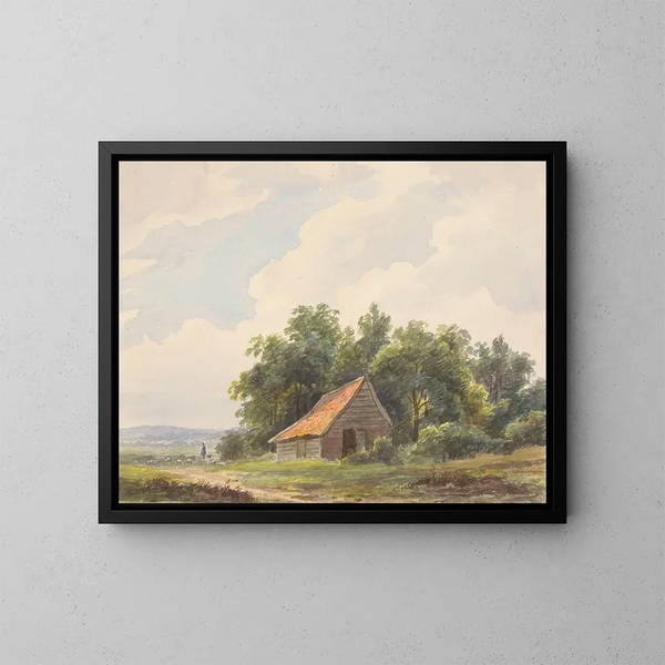 Landschaftsgemälde mit einer Scheune und im Hintergrund einem Hirten mit Schafen - Andreas Schelfhout — gerahmtes Bild an der Wand