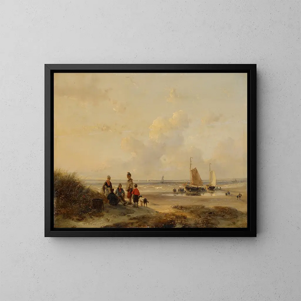 der Fischer bei Ruhe am Strand bei klarem Wetter von Andreas Schelfhout — gerahmtes Bild an der Wand