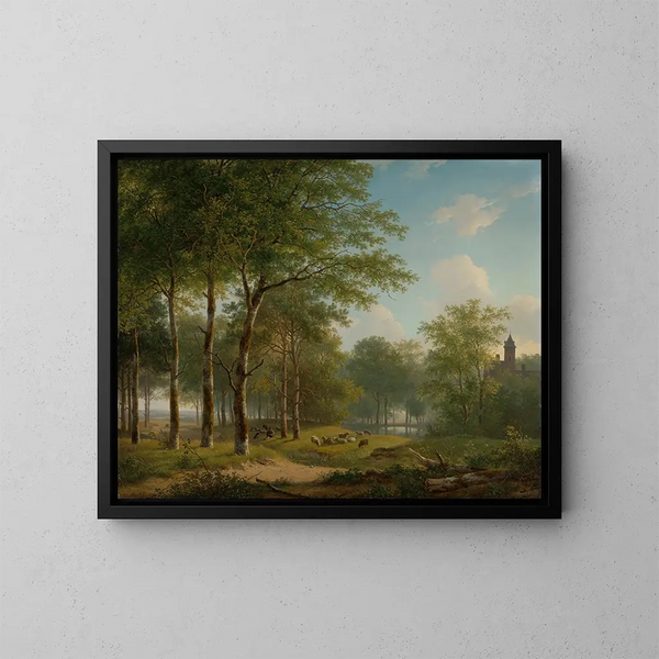 Bergère, die sich auf einem Landweg in der Nähe eines Schlosses ausruht - Andreas Schelfhout — gerahmtes Bild an der Wand