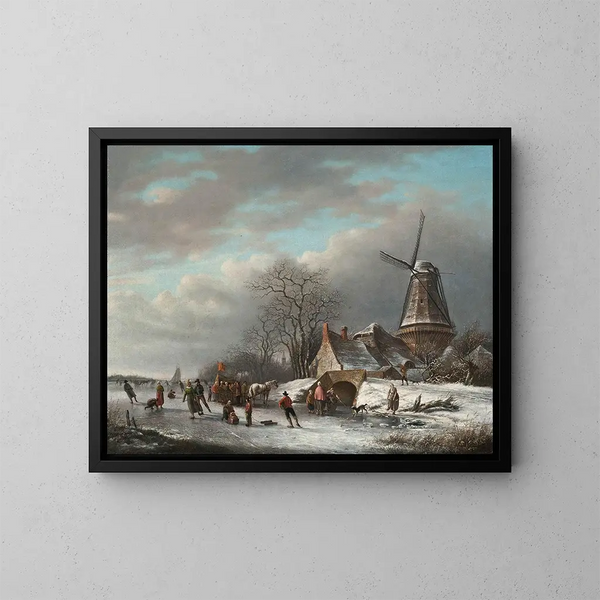 Patineurs sur une voie d'eau néerlandaise près d'un moulin à vent - Andreas Schelfhout — gerahmtes Bild an der Wand