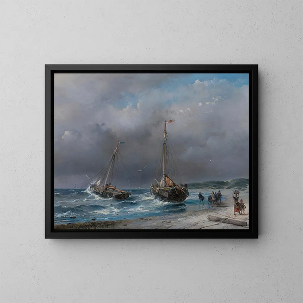 Entladung des Fischfangs - Andreas Schelfhout — gerahmtes Bild an der Wand