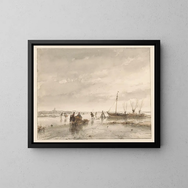 Winterlandschaft mit gefrorenem See - Andreas Schelfhout — gerahmtes Bild an der Wand