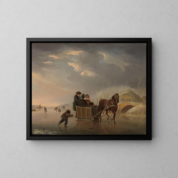 Winterlandschaftsszene: Pferdeschlitten auf dem Eis - Andries Vermeulen — gerahmtes Bild an der Wand