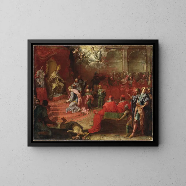Allegorie der Unterwerfung von Königin Christine gegenüber der katholischen Kirche und Papst Alexander VII - Angelo Trevisani — gerahmtes Bild an der Wand