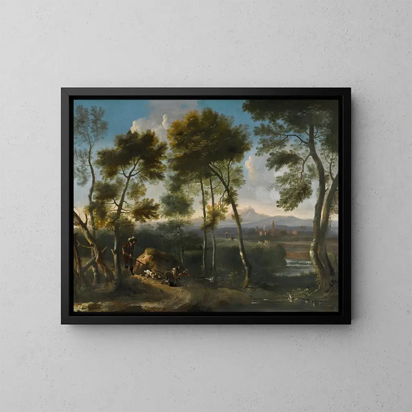Landschaft im Kursivstil mit Jägern, die Enten schießen - Angeluccio — gerahmtes Bild an der Wand