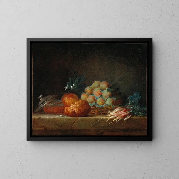 Stillleben mit Brioche, Früchten und Gemüse - Anne Vallayer-Coster — gerahmtes Bild an der Wand