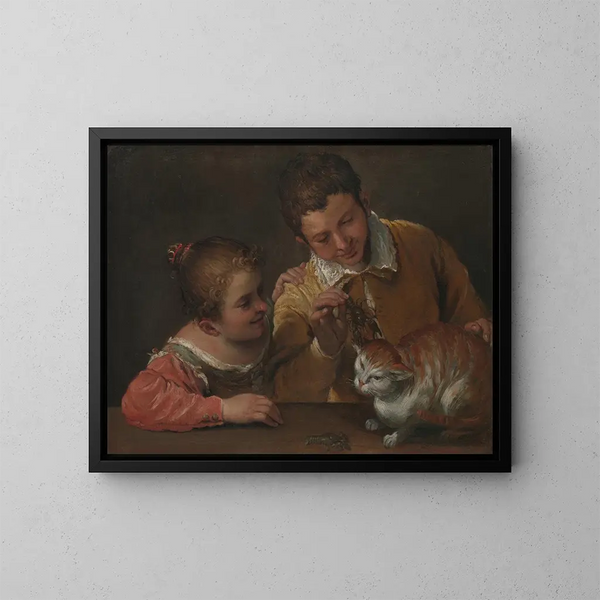 Zwei Kinder, die eine Katze necken - Annibale Carracci — gerahmtes Bild an der Wand