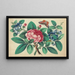 Großes rotes Blumen-Gemälde, blaue Blumen, Schmetterling - Anonym — gerahmtes Bild an der Wand
