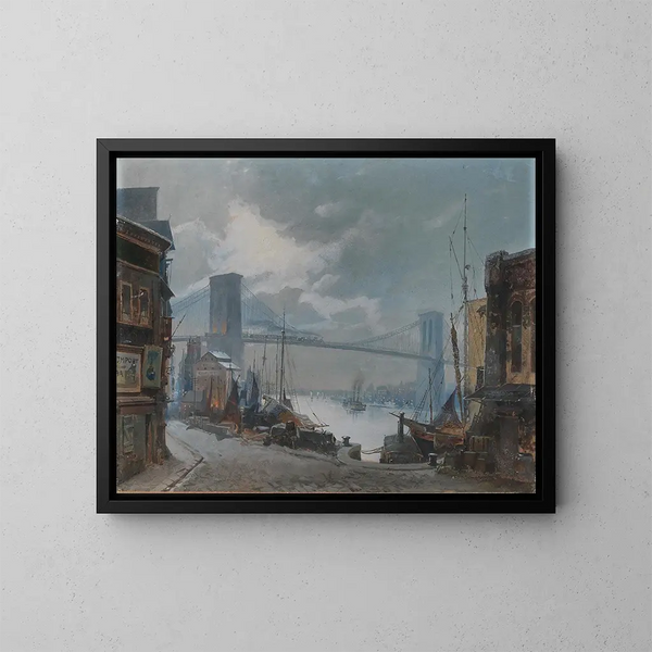 Ansicht der New Yorker Szene vom Brooklyn Bridge, eröffnet im Jahr 1883, mit South Street im Vordergrund - Anonym — gerahmtes Bild an der Wand