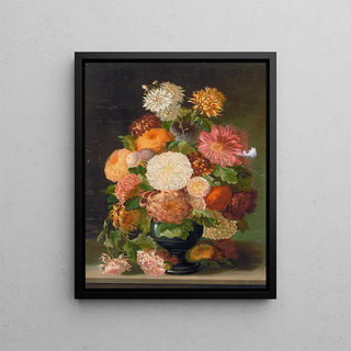 Anonymous - Red orange white and pink flowers in a black vase.webp