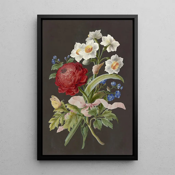 Riproduzione del dipinto Composizione floreale con ranuncolo rosso, narciso bianco e fiore blu con starnuto - Anonimo