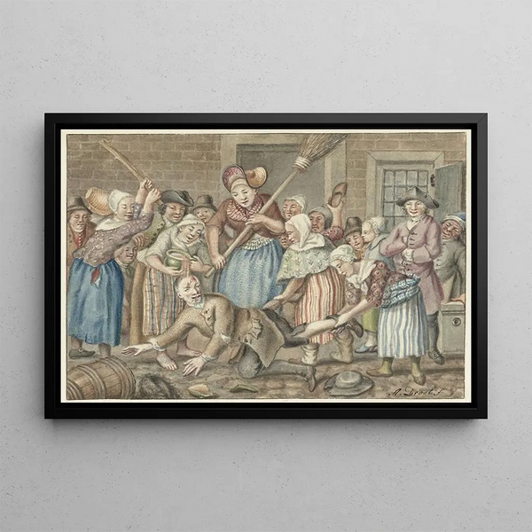 Anthonie Drost - Een man die zijn vrouw had geslagen wordt in de Vinkestraat te Amsterdam door een groep vrouwen bestraft 1768.webp