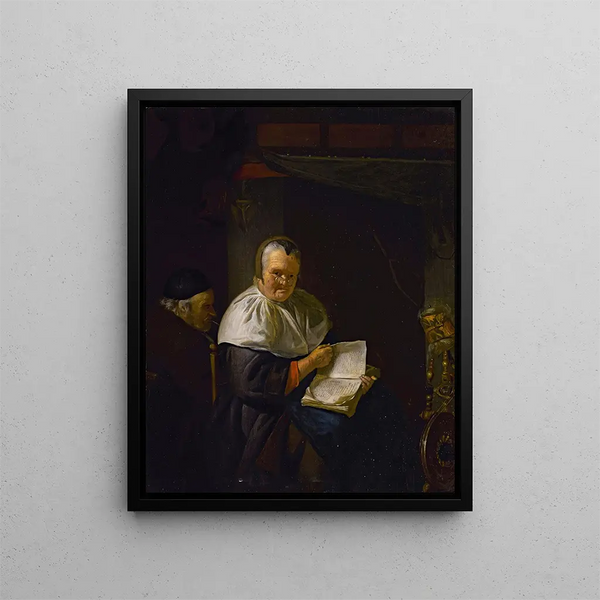 Innenraum-Gemälde mit einer Frau, die in der Nähe eines Spinnrades liest, und einem Mann, der raucht - Antoine van Dyck — gerahmtes Bild an der Wand