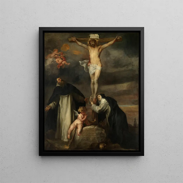 Der Christus am Kreuz mit der Heiligen Katharina von Siena, dem Heiligen Dominikus und einem Engel - Antoine van Dyck — gerahmtes Bild an der Wand