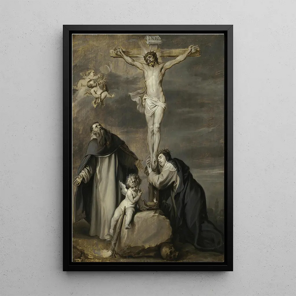Der gekreuzigte Christus verehrt von den Heiligen Dominikus und Katharina von Siena - Antoine van Dyck — gerahmtes Bild an der Wand