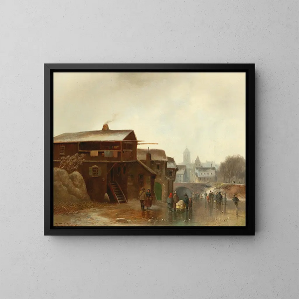 Wintervergnügungen mit einer Stadt im Hintergrund - Anton Doll — gerahmtes Bild an der Wand