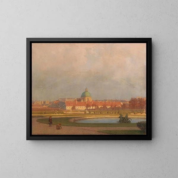 Kinder, die in den Gärten des Belvédère spielen, mit dem Salésien im Hintergrund - Anton Hans Karlinsky — gerahmtes Bild an der Wand