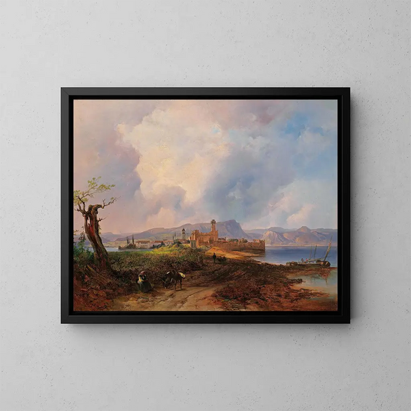 Ansicht des Schlosses von Sermione auf der Insel Sermione am Gardasee - Anton Hansch — gerahmtes Bild an der Wand