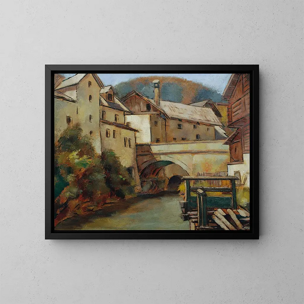 Ansicht einer Stadt mit Fluss und Brücke - Anton Hula — gerahmtes Bild an der Wand