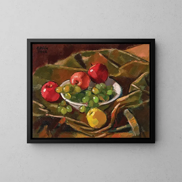 Naturstillleben mit Äpfeln und Trauben - Anton Hula — gerahmtes Bild an der Wand