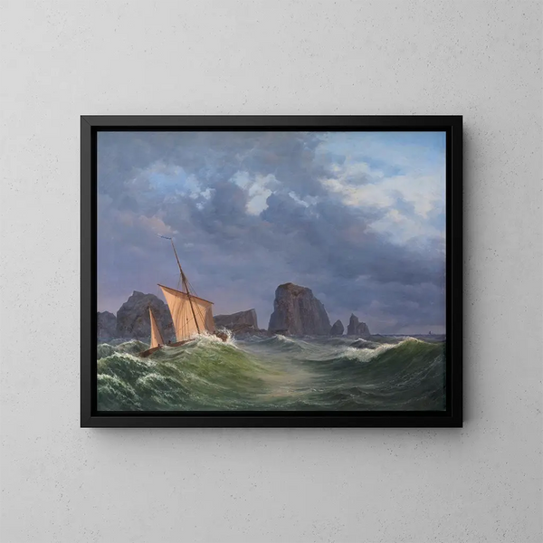 Ein Fischer aus den Shetlandinseln in einem Sturm im Norden der Orkney-Inseln - Anton Melbye — gerahmtes Bild an der Wand