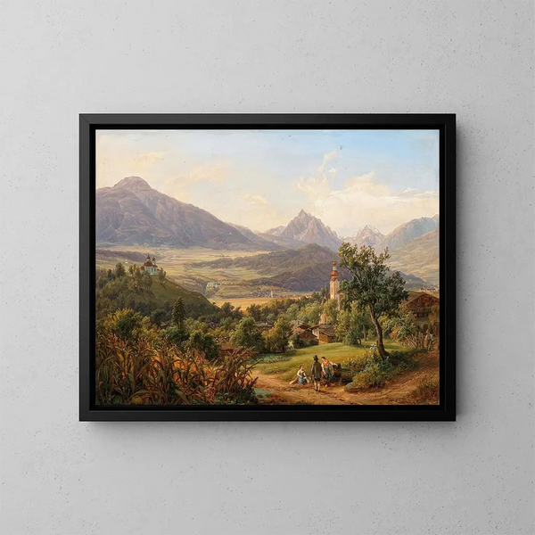 Dorf von Arzl und dem Calvaire von Innsbruck mit Blick auf die Burg von Anna, die heiligen Wasser der Waldraster Spitze und den kleinen Stubayer Ferner - Anton Schiffer — gerahmtes Bild an der Wand