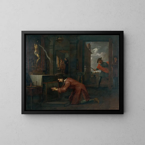 Saint François reçoit l'ordre du Crucifix à Saint-Damien de réparer la maison de Dieu - Antoni Viladomat — gerahmtes Bild an der Wand