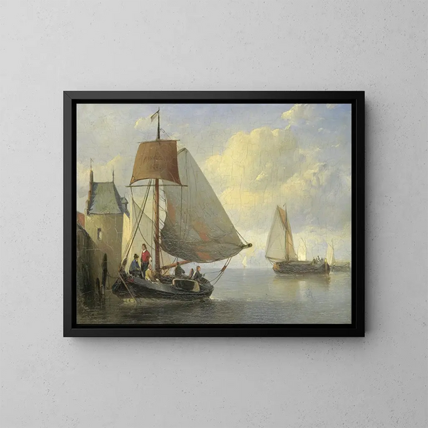 Ansicht eines Flussufers mit einer Wachturm inspiriert von dem Wachturm von Camperveer in Veere - Antonie Waldorp — gerahmtes Bild an der Wand