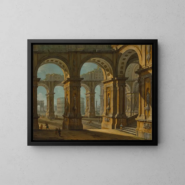 Un caprice di Roma con il Colosseo e l'Arco di Tito - Antonio Joli — quadro incorniciato alla parete