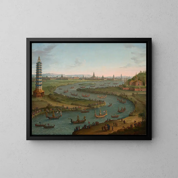 Ein Laune mit dem französischen Botschafter, der im Oktober 1685 in einem Staatsboot dem Königspalast von Siam näherkommt - Antonio Joli — gerahmtes Bild an der Wand