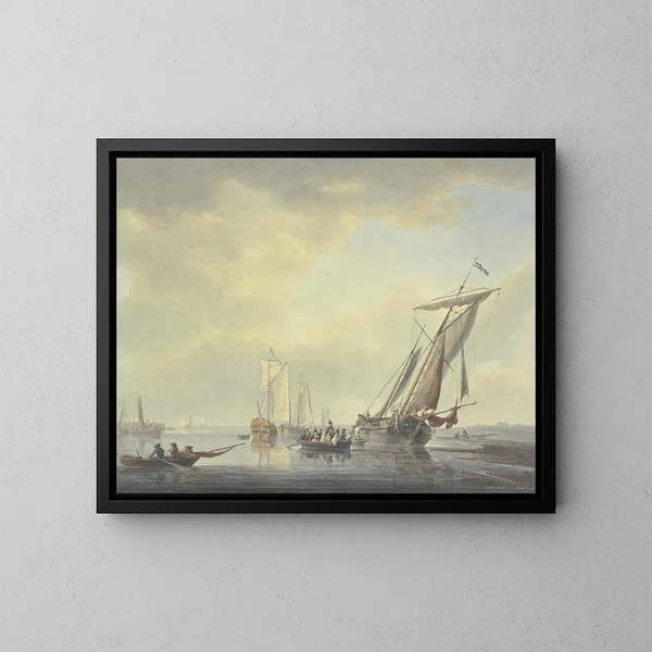am Strand, mit Bargen und einem Boot mit zahlreichen Personen, darunter einige Soldaten, die sich zur Küste bewegen. - Arie Lamme — gerahmtes Bild an der Wand