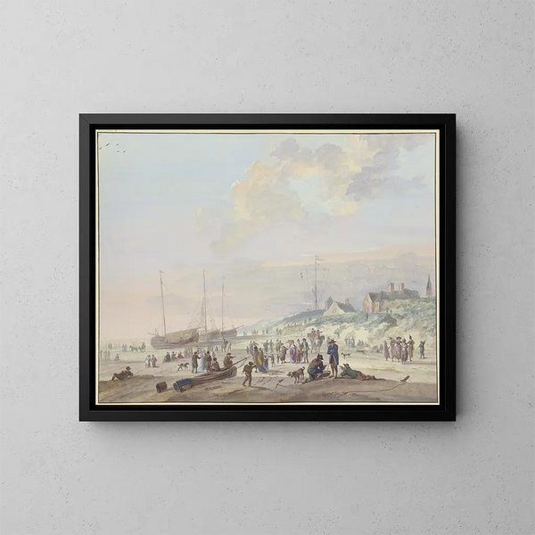 Strand mit drei Fischerbooten, die am Ufer gezogen werden, viele Menschen amüsieren sich, rechts ein Dorf am Dniestr - Arie Lamme — gerahmtes Bild an der Wand