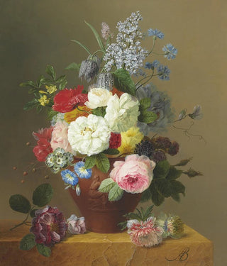 Arnoldus Bloemers - Roses Poppies Cornflowers Convulvulus Jasmine Fritilleries a Primula a Peony and Lilac in a terracotta Vase with a Sprig of Roses and other Flowers on a Stone Ledge.webp