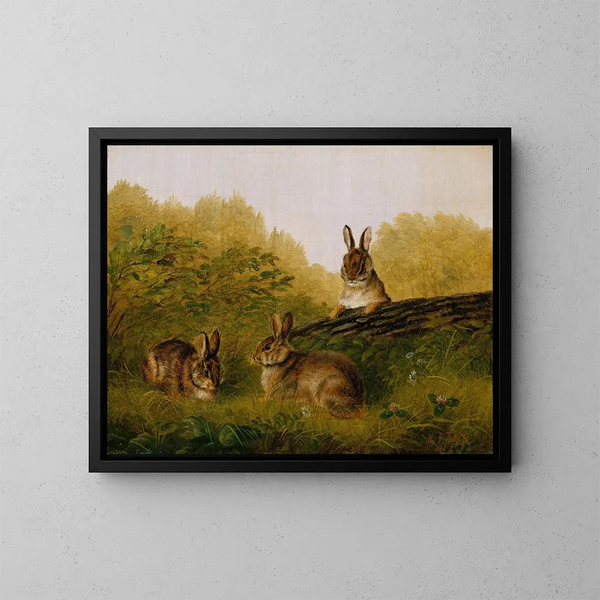 Conigli su un ceppo - Arthur Fitzwilliam Tait — quadro incorniciato alla parete