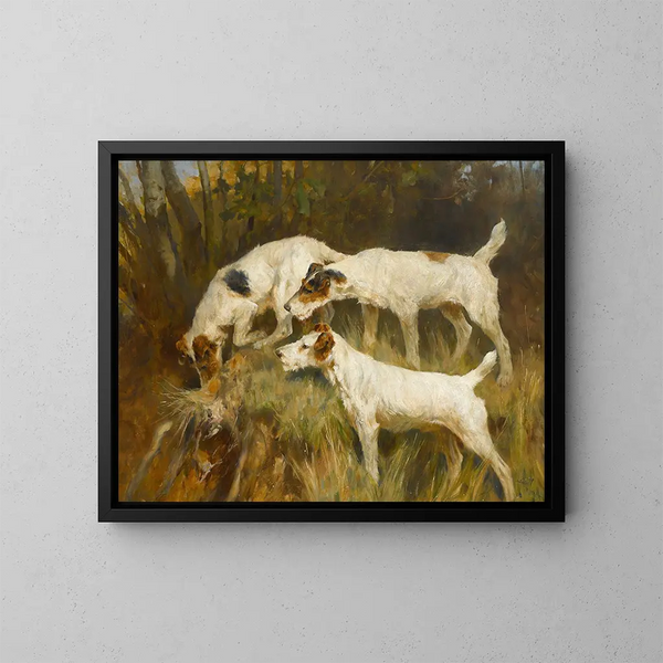 Drei Yorkshire-Terrier bei der Arbeit an einem Loch - Arthur Wardle — gerahmtes Bild an der Wand