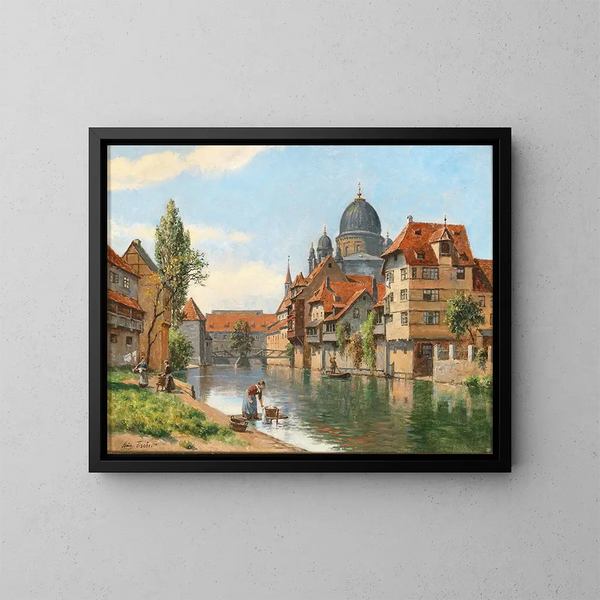 Vecchio Norimberga, vista della sinagoga dal fiume Pegnitz - August Fischer — quadro incorniciato alla parete