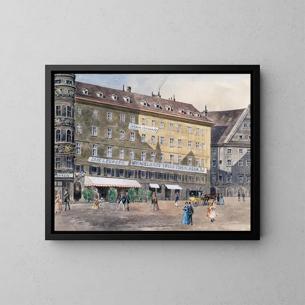 L'ancienne scène de l'incendie sur la place Saint-Étienne à Vienne avec le café L'Europe - August Gerasch — gerahmtes Bild an der Wand