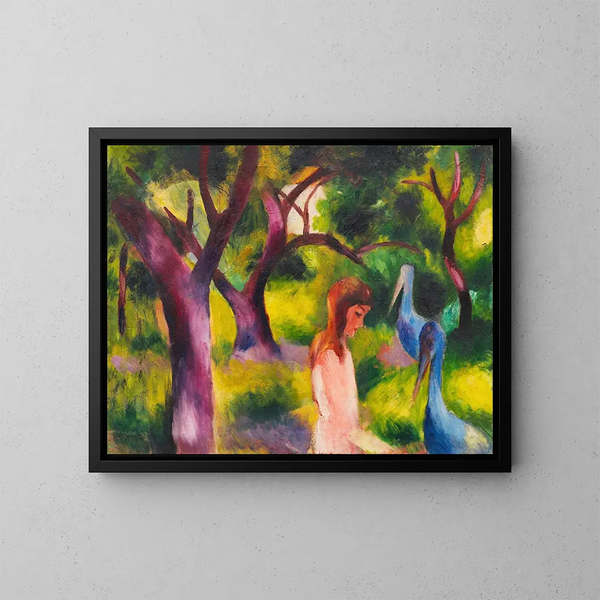 Mädchen mit blauen Vögeln - August Macke — gerahmtes Bild an der Wand