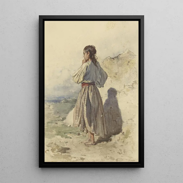 Frauengemälde im Stehen, Dreiviertelansicht nach links, Rückansicht - August von Pettenkofen — gerahmtes Bild an der Wand