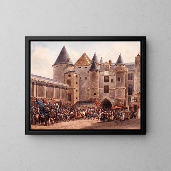 Der fette Büffel vor dem Grand Châtelet an einem Karnevalstag - Auguste Sébastien Bénard — gerahmtes Bild an der Wand