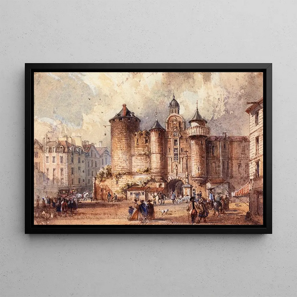 L'entrée de l'ancienne forteresse du Grand Châtelet un jour de carnaval - Auguste Sébastien Bénard — gerahmtes Bild an der Wand