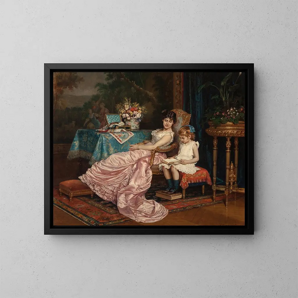 Eine Mutter und ihre Tochter beim Lesen - Auguste Toulmouche — gerahmtes Bild an der Wand