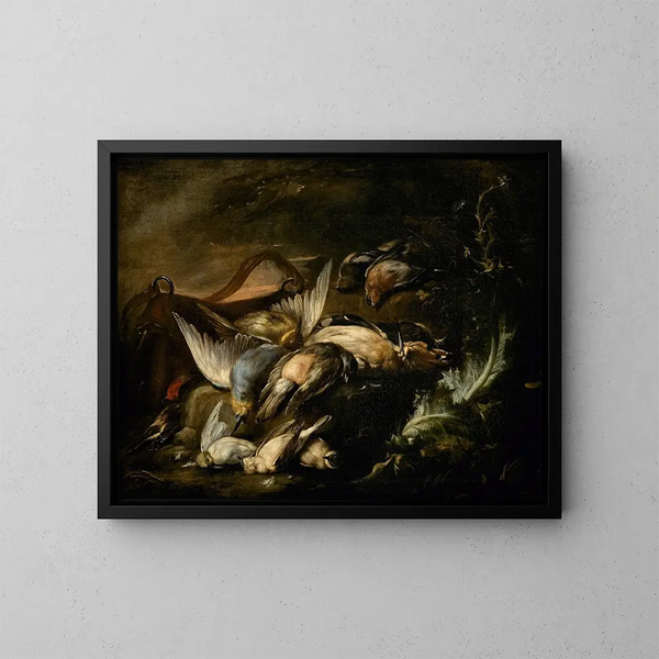 Uccelli cacciati - Baldassare De Caro — quadro incorniciato alla parete
