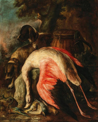 Baldassarre De Caro - Hunting dogs with a flamingo and other game in a landscape.webp