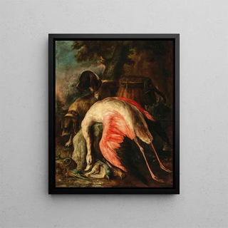 Baldassarre De Caro - Hunting dogs with a flamingo and other game in a landscape.webp